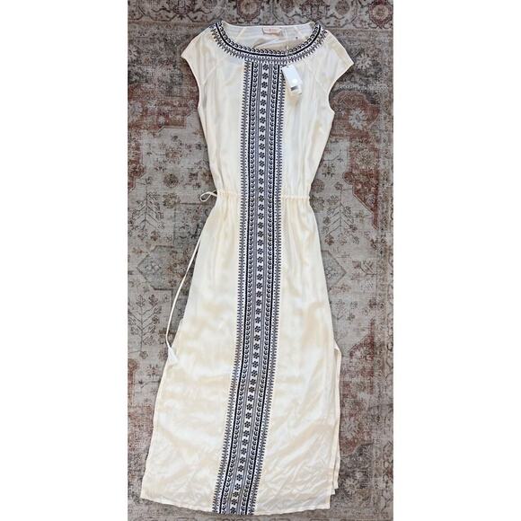 Tory Burch Silk Embroidered Cinched Waist Tie Sleeveless Shift Maxi Dress Size L - Picture 2 of 14